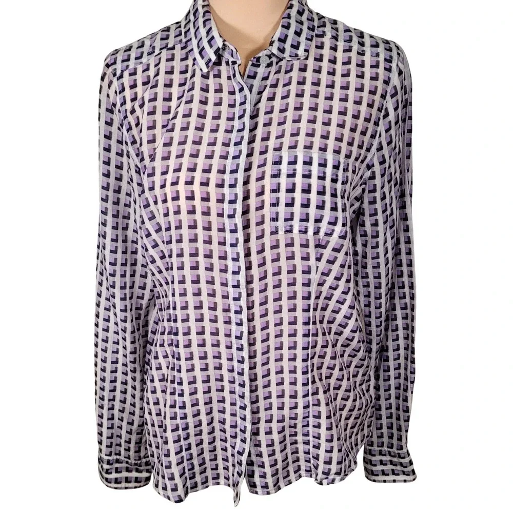 Halogen Cotton Silk Lawn Geometric Blouse S Purple Office Chic‎ Corporate Core